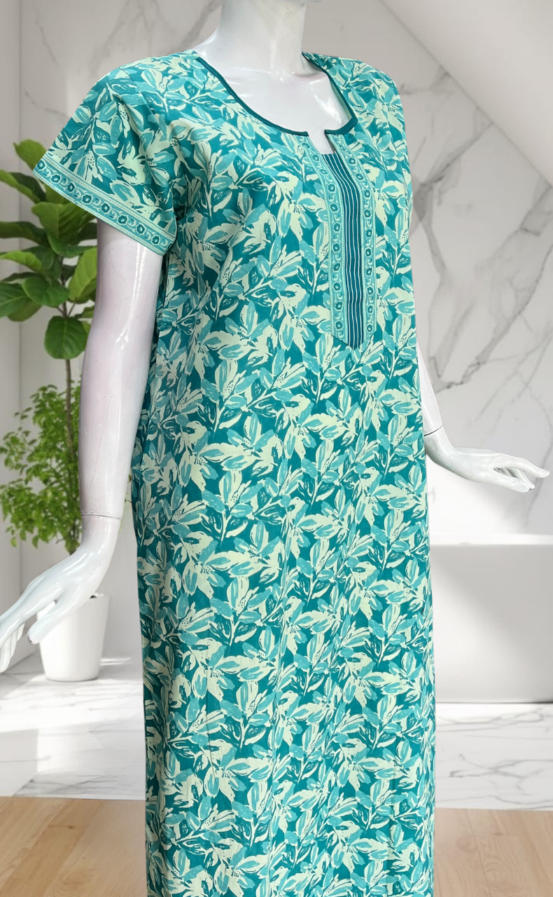 Sea Green Leafy Pure Cotton Nighty. Pure Durable Cotton | Laces and Frills