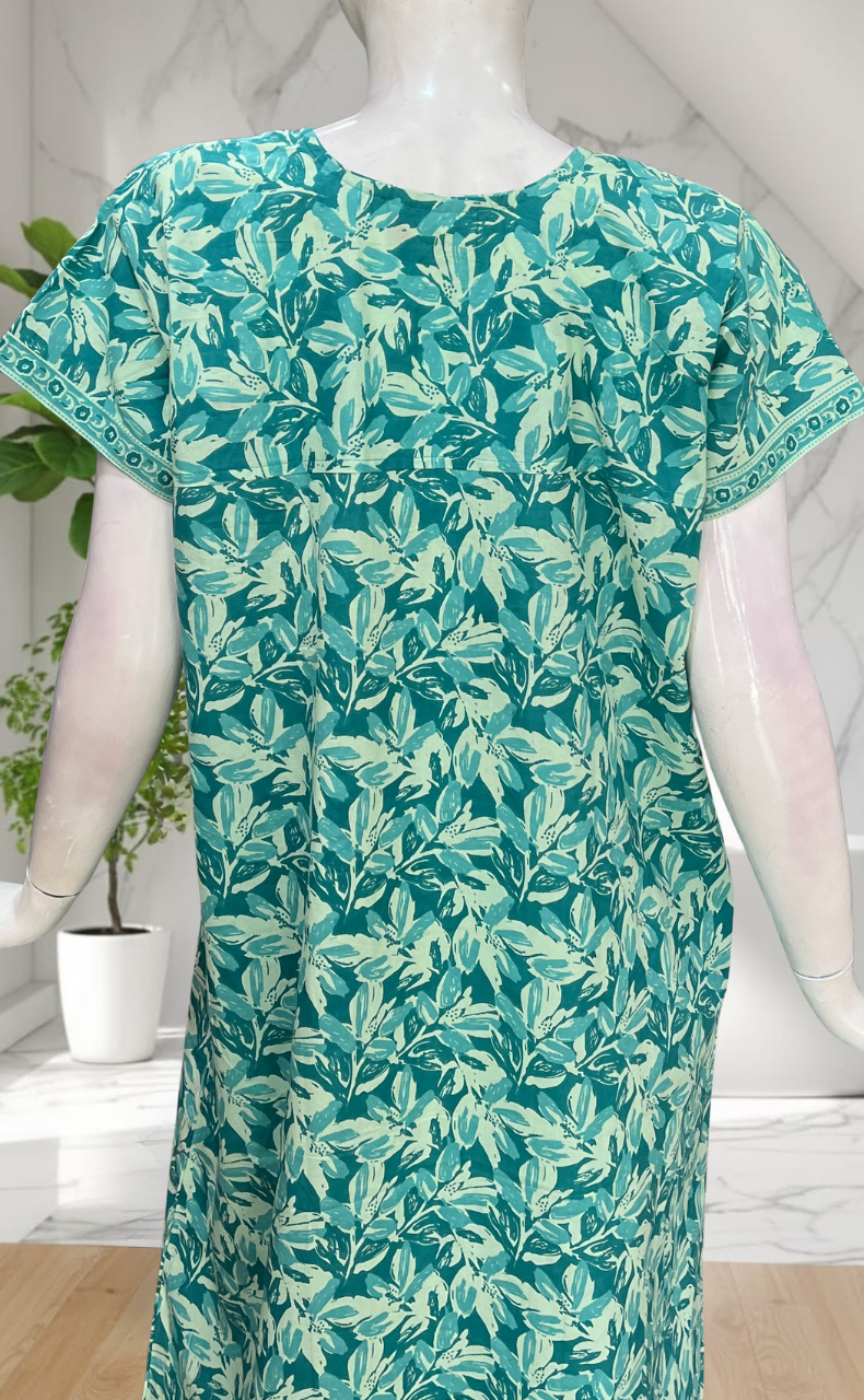 Sea Green Leafy Pure Cotton Nighty. Pure Durable Cotton | Laces and Frills