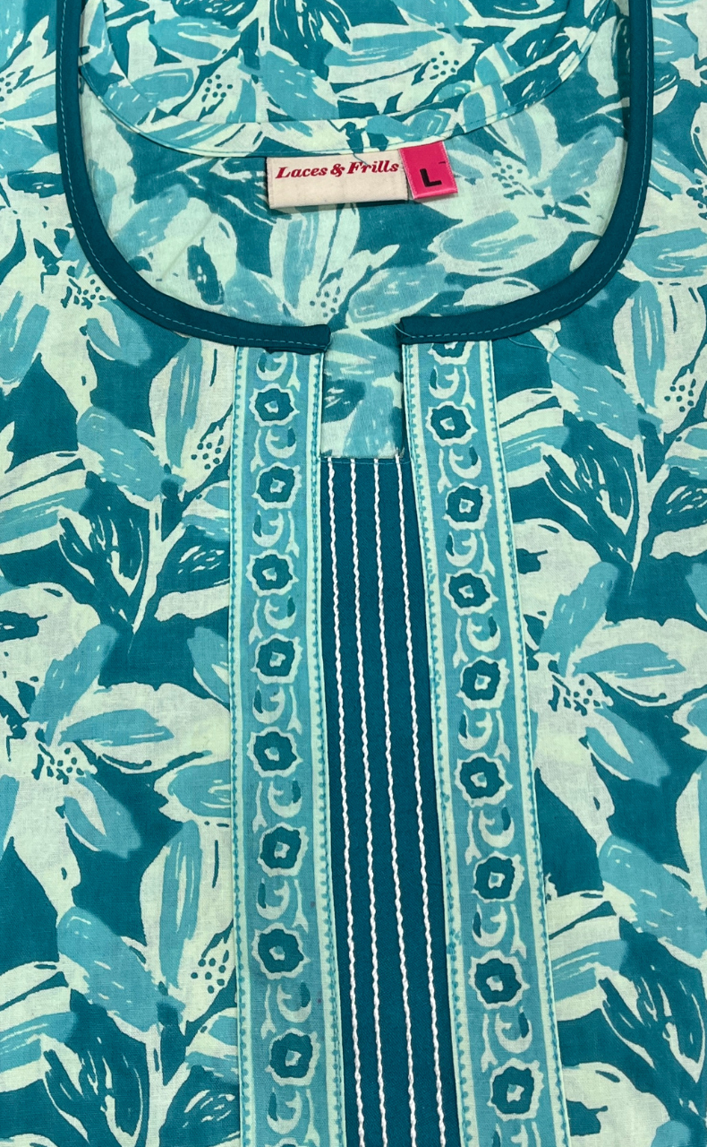 Sea Green Leafy Pure Cotton Nighty. Pure Durable Cotton | Laces and Frills