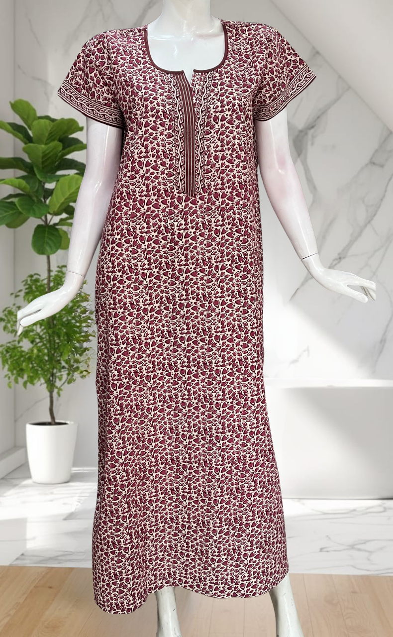 Wine Colour Leafy Pure Cotton Nighty. Pure Durable Cotton | Laces and Frills