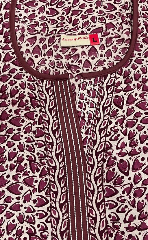 Wine Colour Leafy Pure Cotton Nighty. Pure Durable Cotton | Laces and Frills