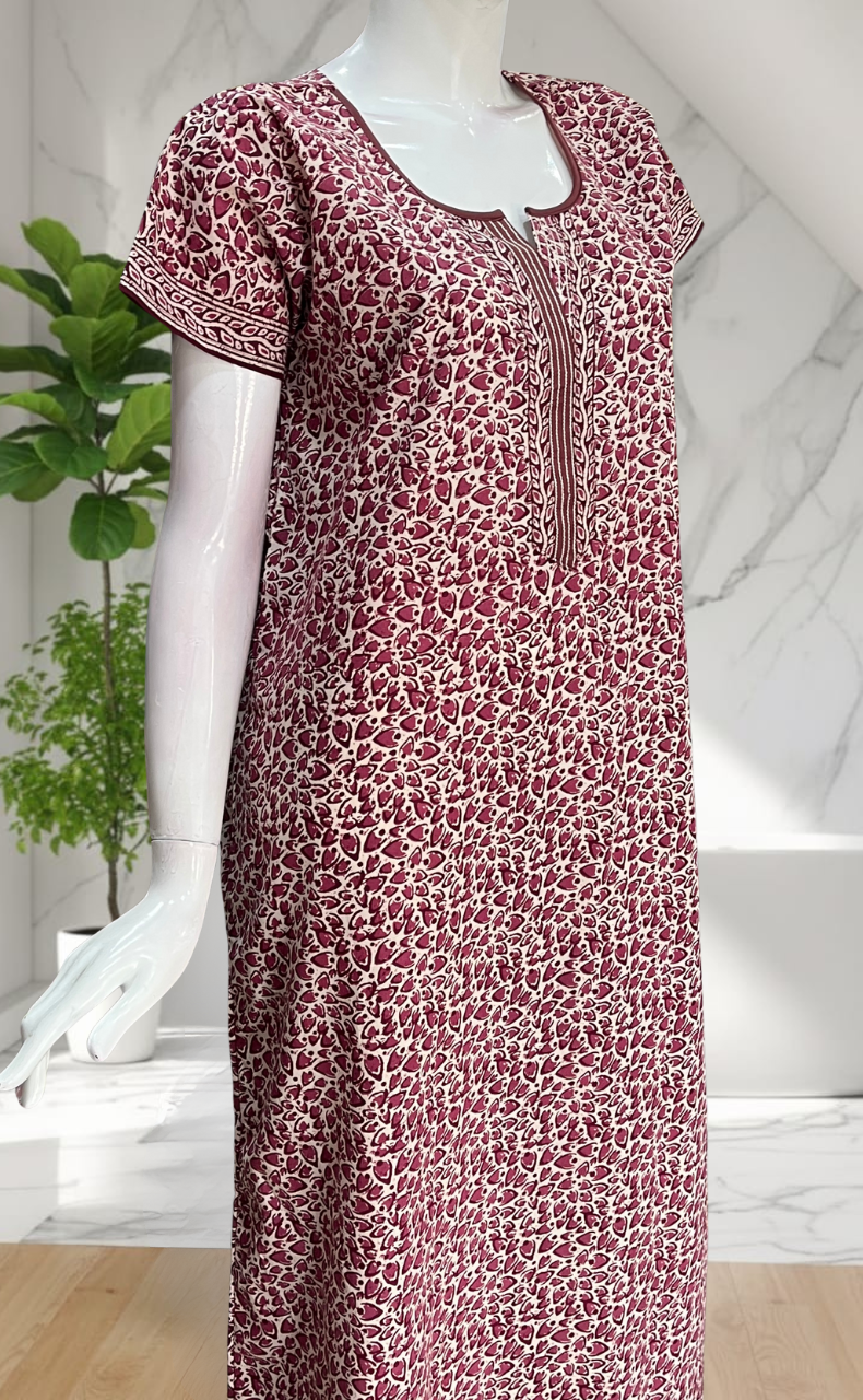 Wine Colour Leafy Pure Cotton Nighty. Pure Durable Cotton | Laces and Frills