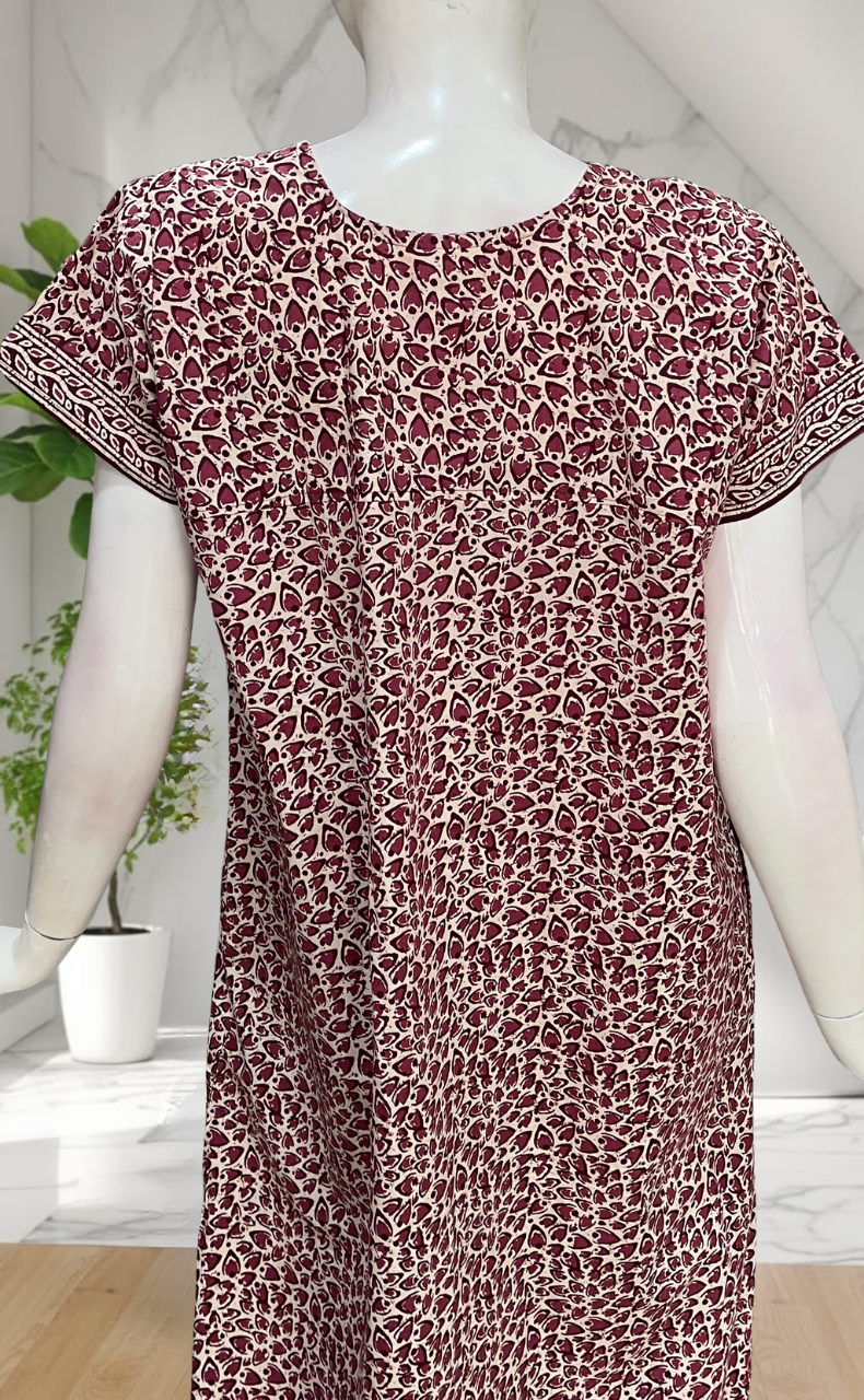 Wine Colour Leafy Pure Cotton Nighty. Pure Durable Cotton | Laces and Frills