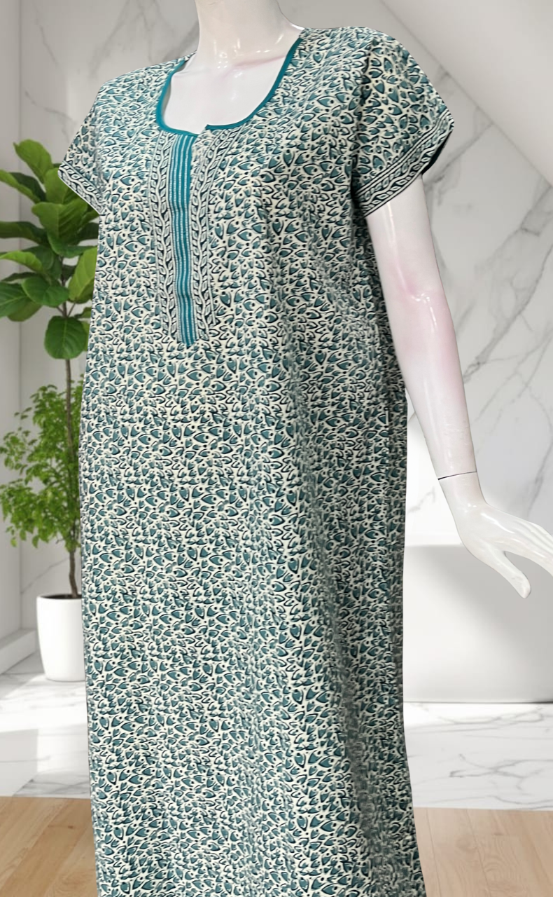 Sea Green Leafy Pure Cotton Nighty. Pure Durable Cotton | Laces and Frills