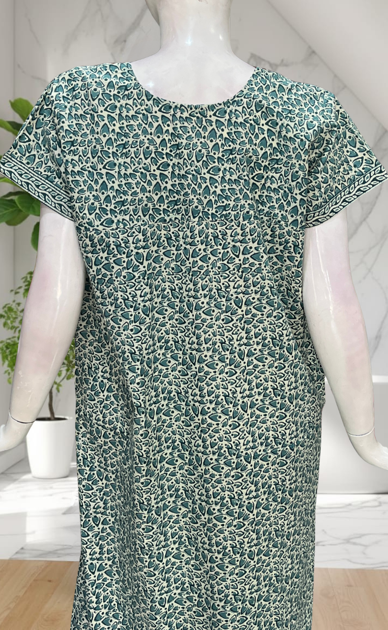 Sea Green Leafy Pure Cotton Nighty. Pure Durable Cotton | Laces and Frills