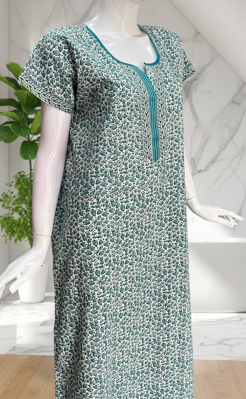 Sea Green Leafy Pure Cotton Nighty. Pure Durable Cotton | Laces and Frills