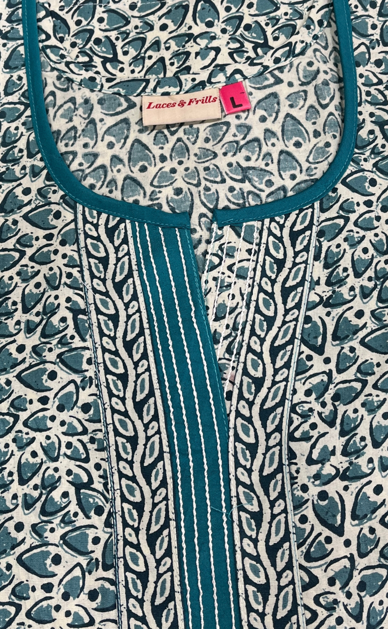 Sea Green Leafy Pure Cotton Nighty. Pure Durable Cotton | Laces and Frills