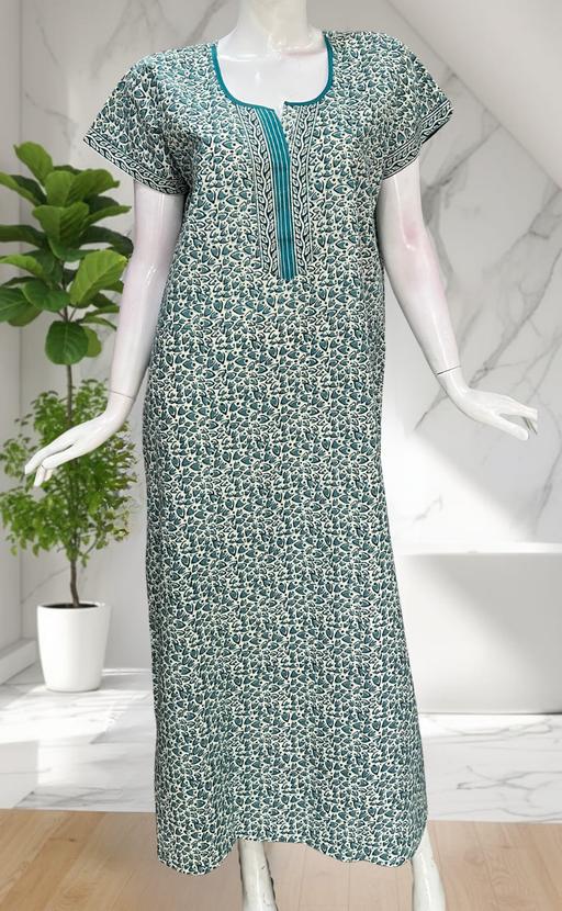Sea Green Leafy Pure Cotton Nighty. Pure Durable Cotton | Laces and Frills