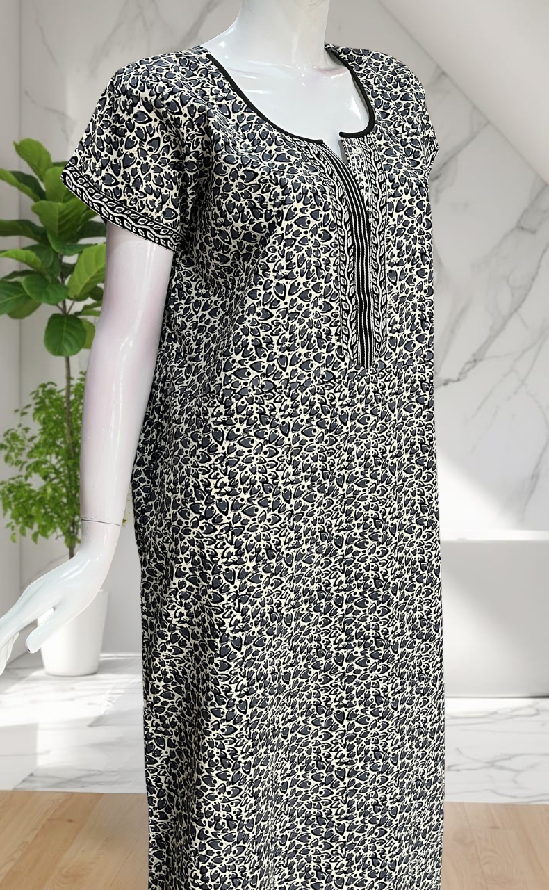 Grey Leafy Pure Cotton Nighty. Pure Durable Cotton | Laces and Frills