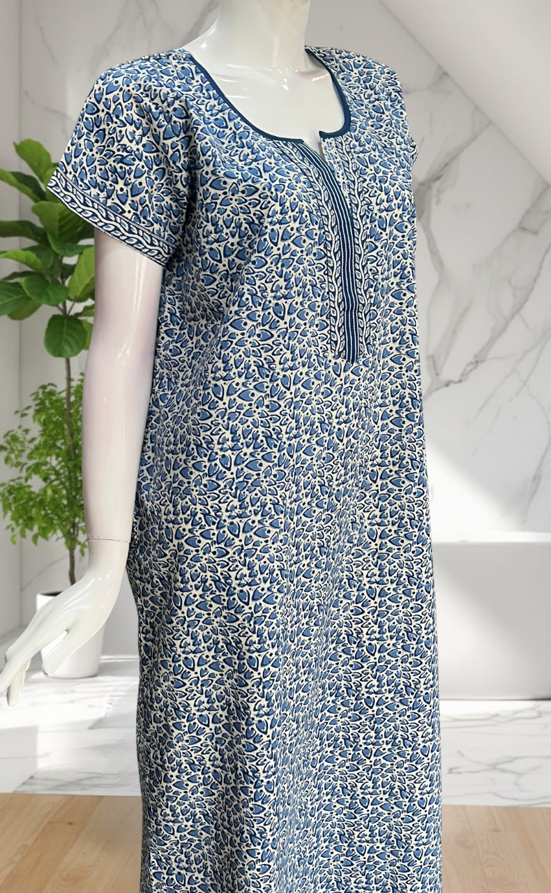 Blue Leafy Pure Cotton Nighty. Pure Durable Cotton | Laces and Frills