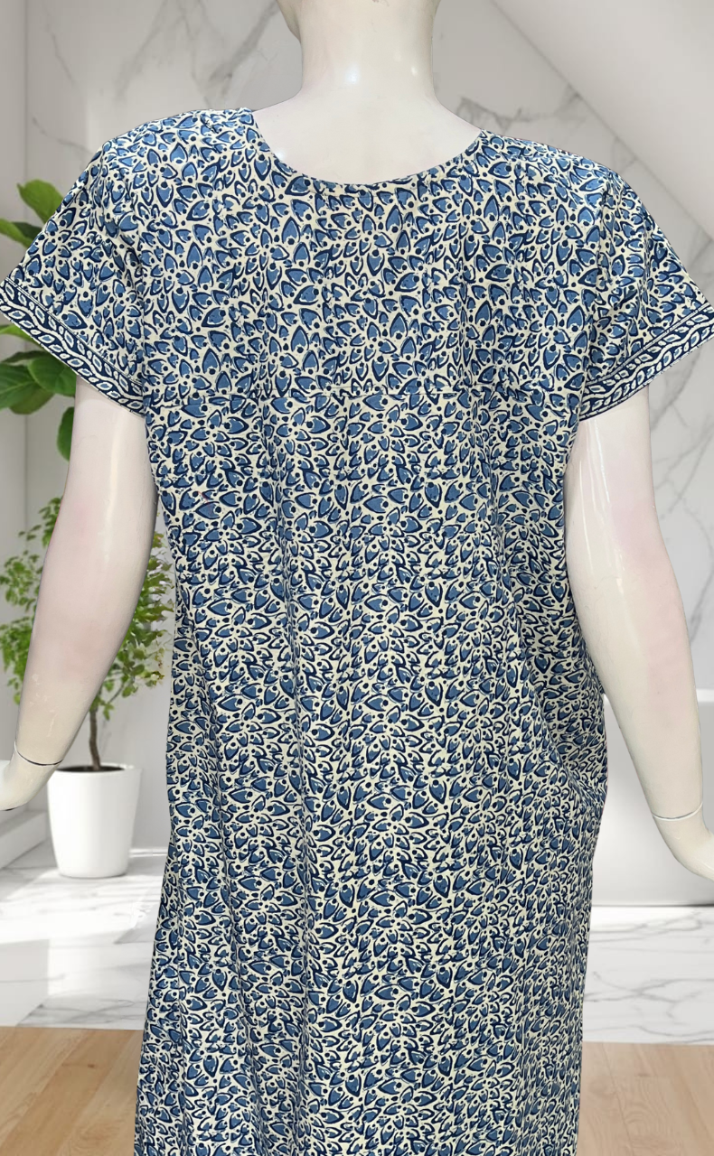 Blue Leafy Pure Cotton Nighty. Pure Durable Cotton | Laces and Frills