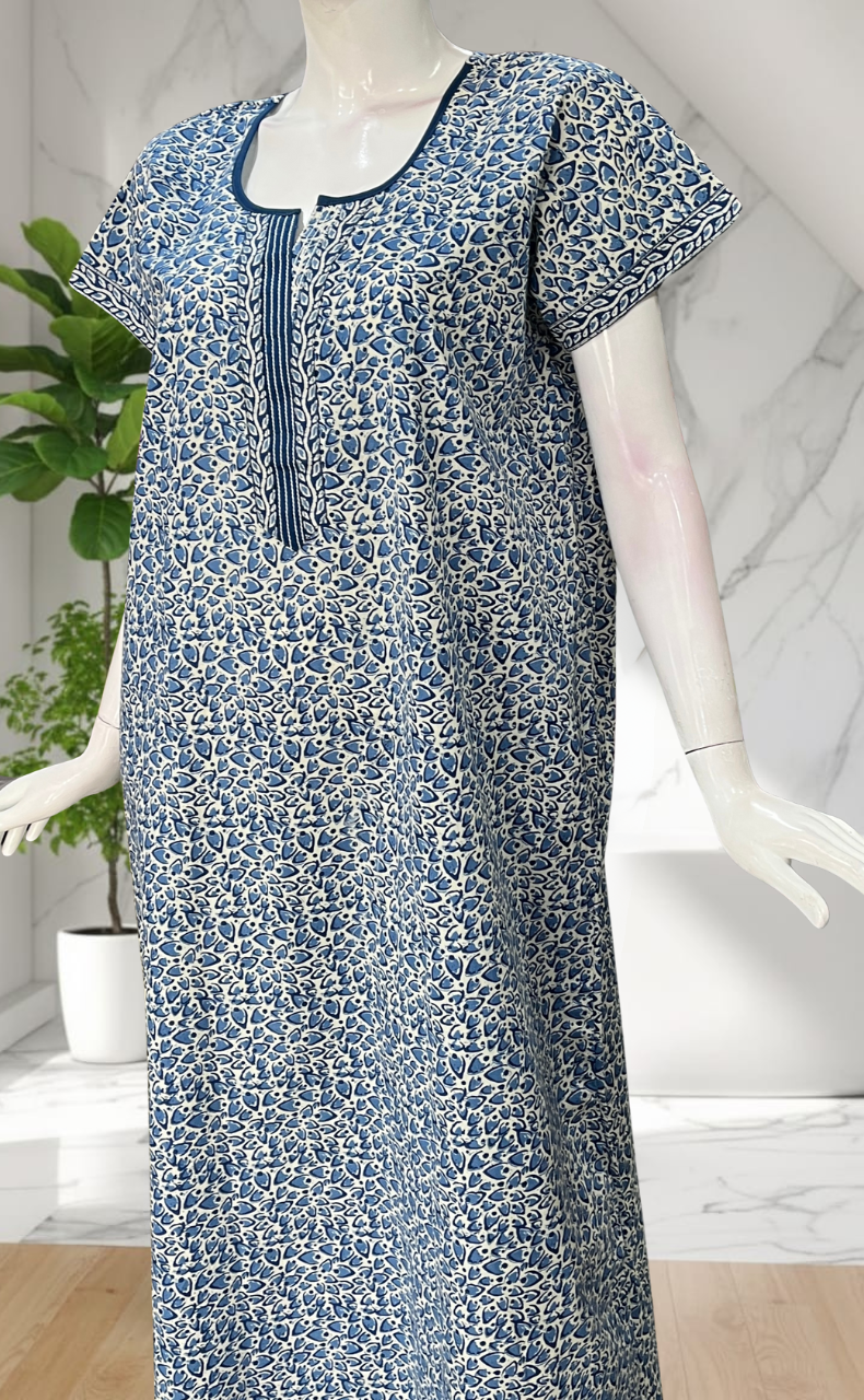 Blue Leafy Pure Cotton Nighty. Pure Durable Cotton | Laces and Frills