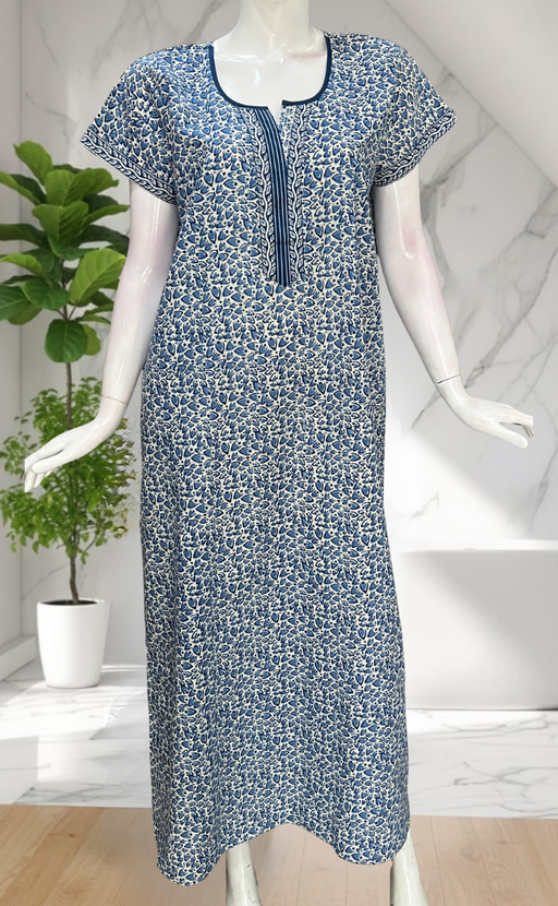 Blue Leafy Pure Cotton Nighty. Pure Durable Cotton | Laces and Frills