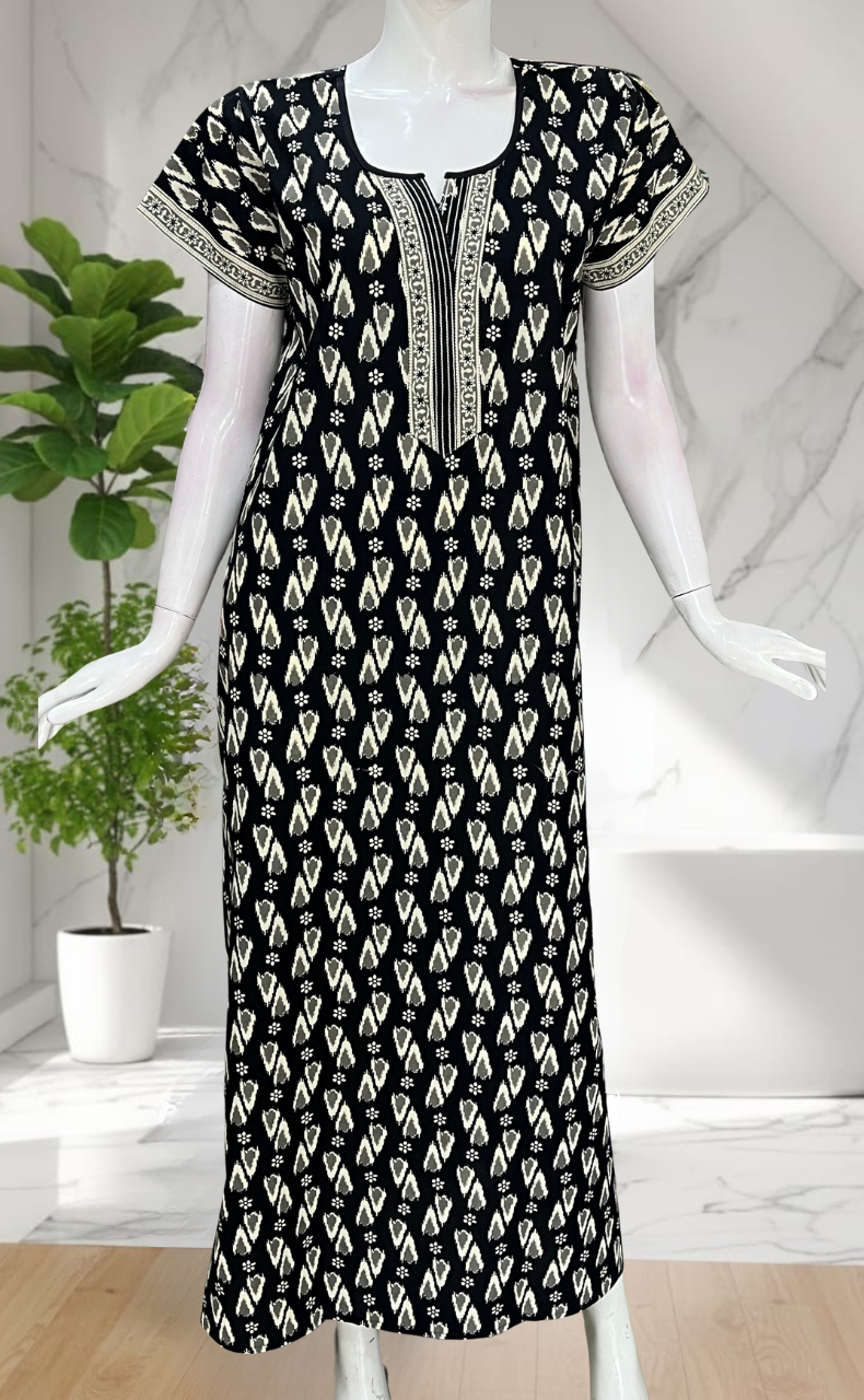 Black Ikkat Pure Cotton Nighty. Pure Durable Cotton | Laces and Frills