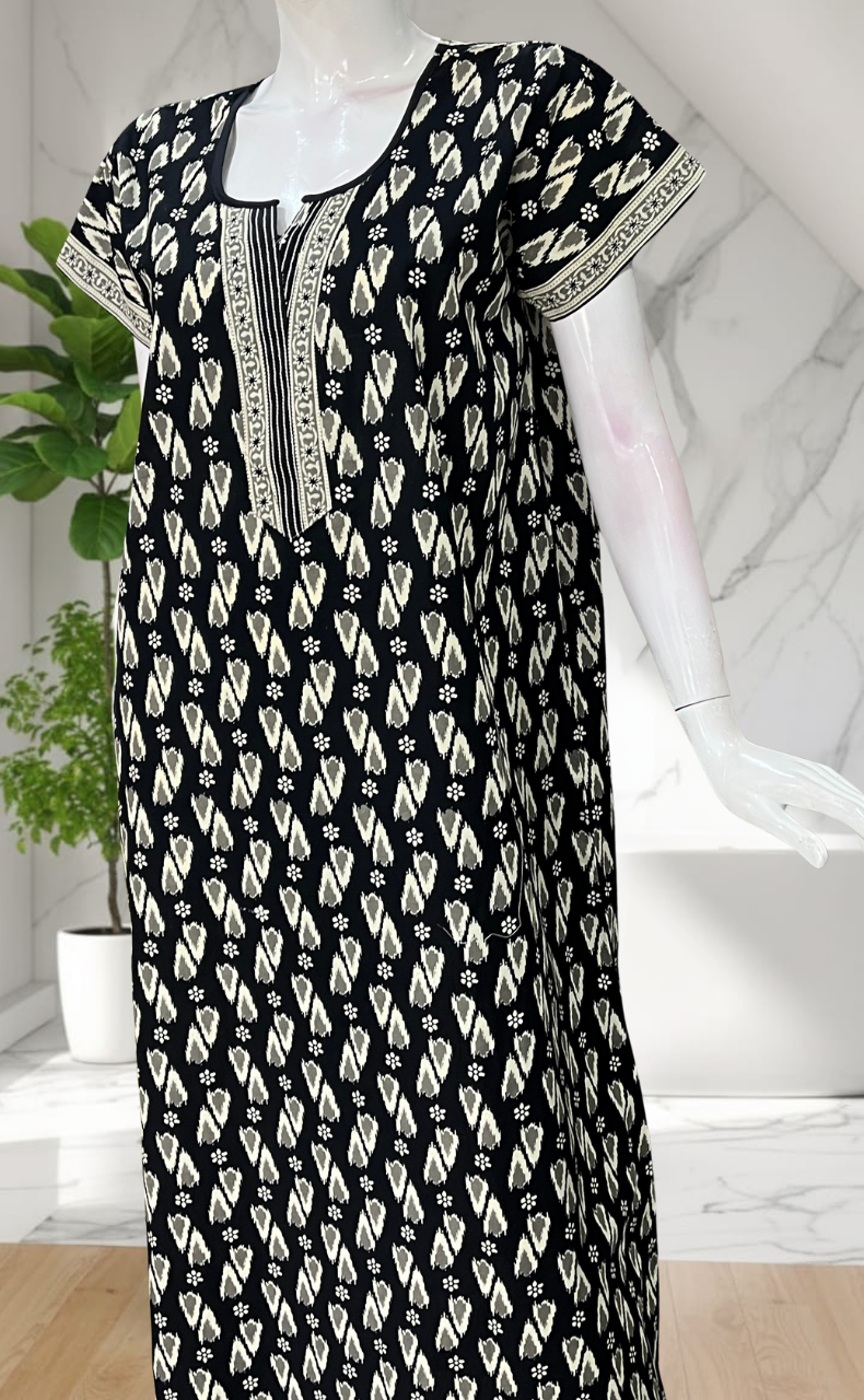 Black Ikkat Pure Cotton Nighty. Pure Durable Cotton | Laces and Frills