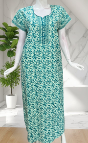 Sea Green Floral Pure Cotton Nighty. Pure Durable Cotton | Laces and Frills
