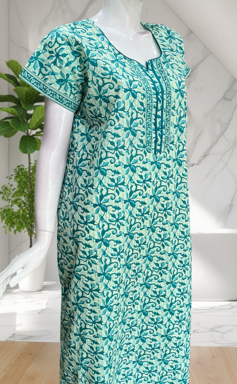 Sea Green Floral Pure Cotton Nighty. Pure Durable Cotton | Laces and Frills
