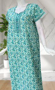 Sea Green Floral Pure Cotton Nighty. Pure Durable Cotton | Laces and Frills