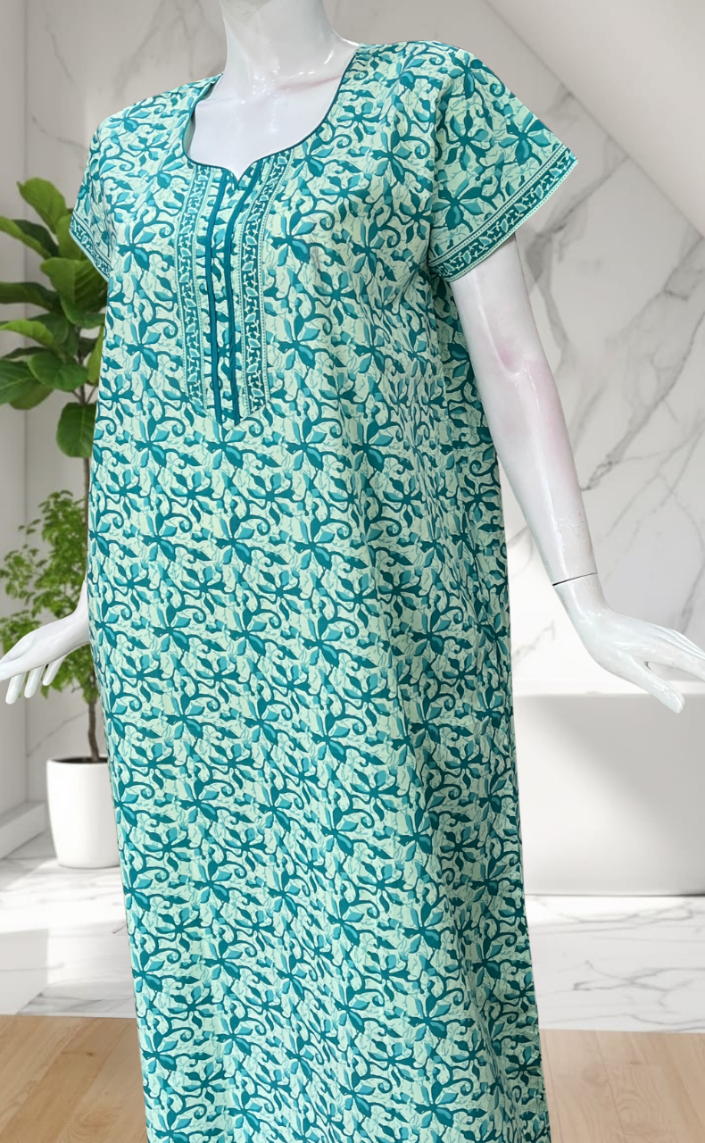 Sea Green Floral Pure Cotton Nighty. Pure Durable Cotton | Laces and Frills