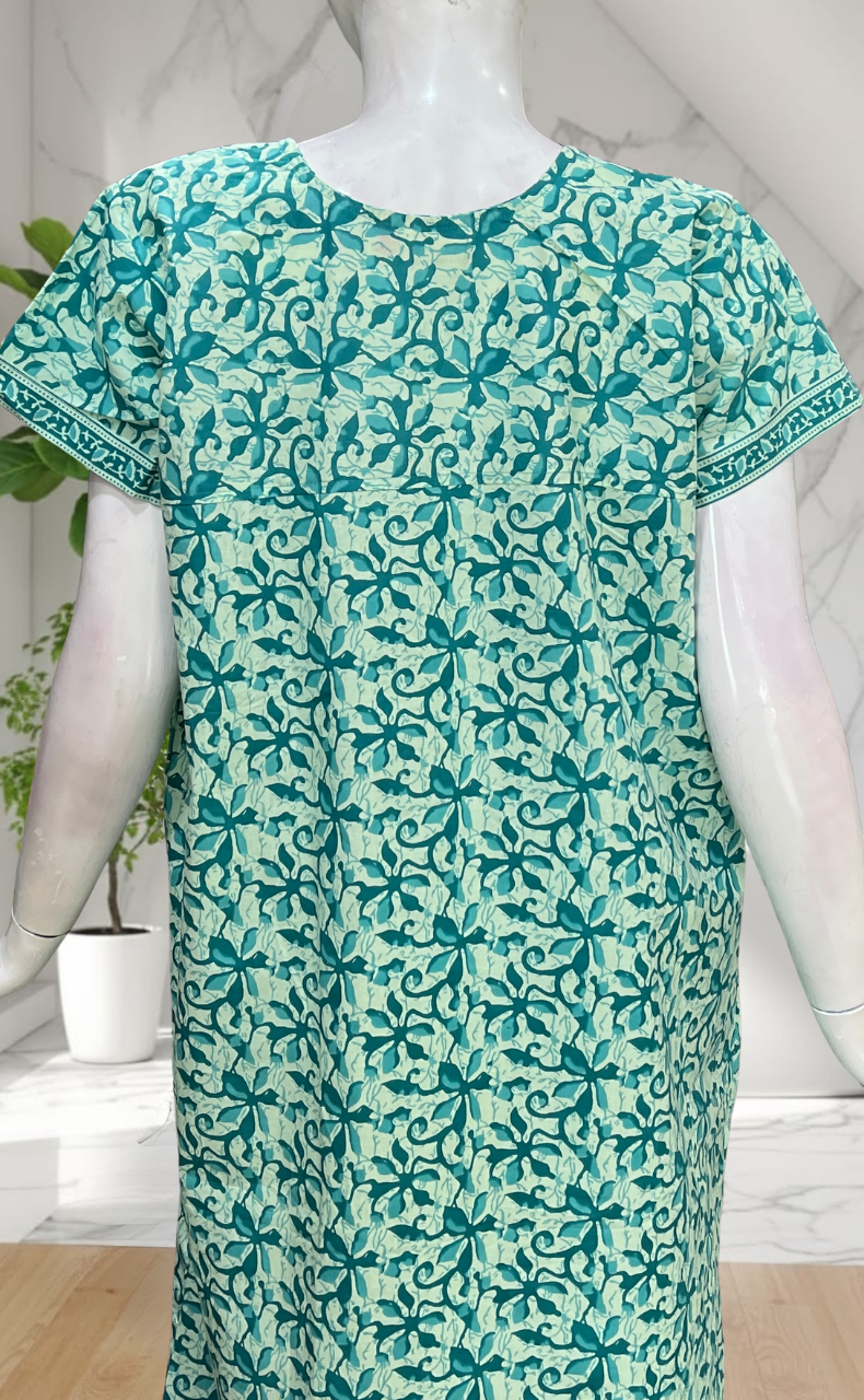 Sea Green Floral Pure Cotton Nighty. Pure Durable Cotton | Laces and Frills