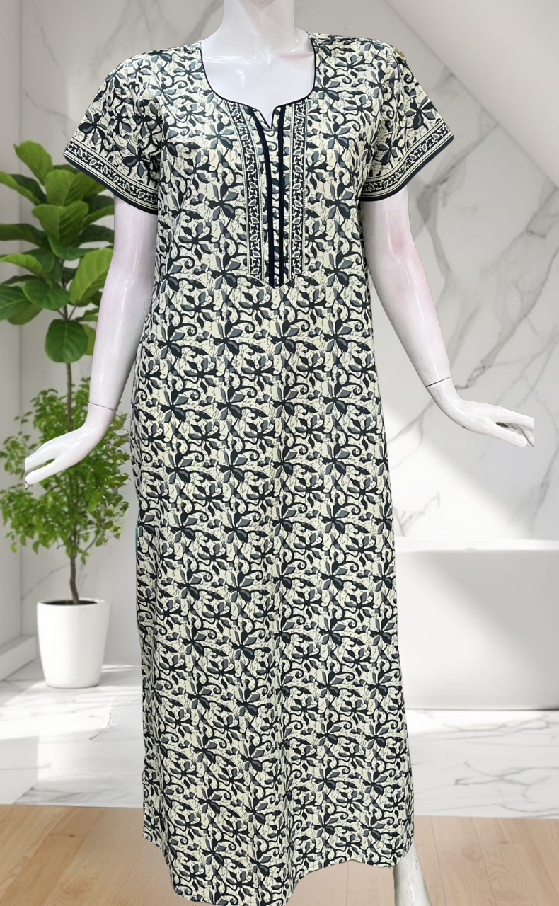 Grey Floral Pure Cotton Nighty. Pure Durable Cotton | Laces and Frills