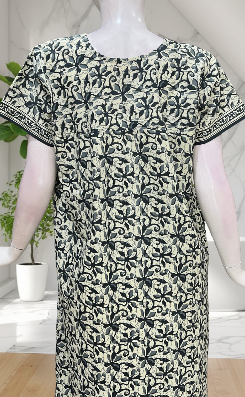 Grey Floral Pure Cotton Nighty. Pure Durable Cotton | Laces and Frills