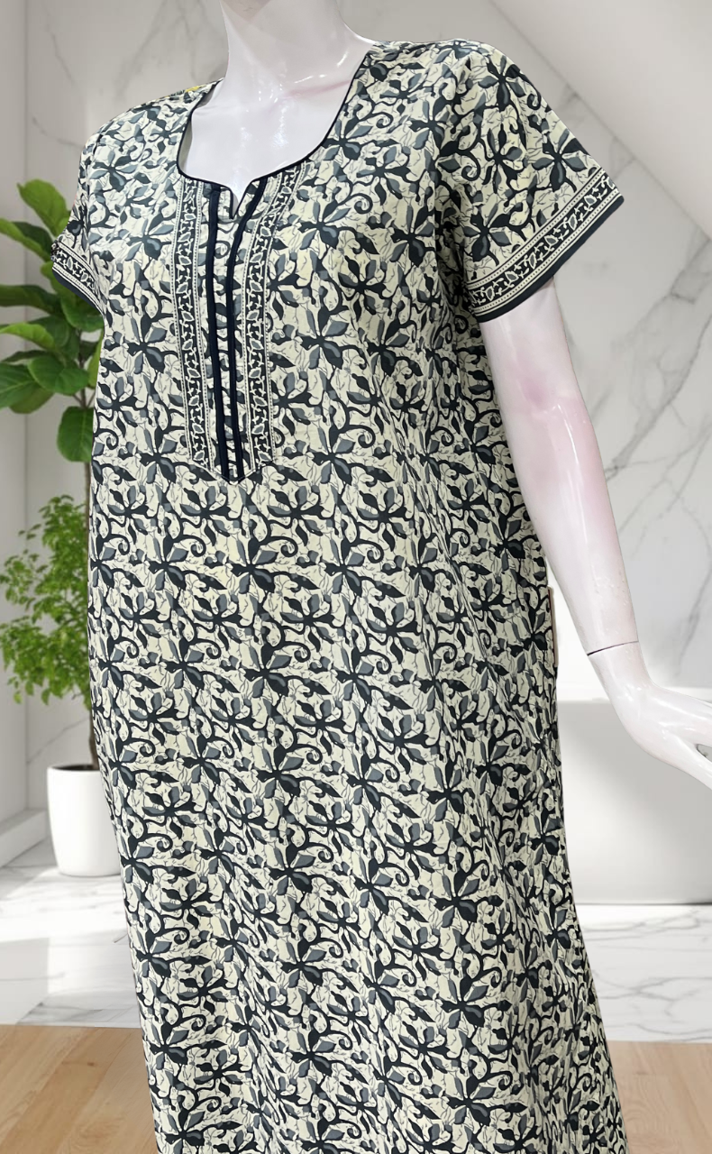 Grey Floral Pure Cotton Nighty. Pure Durable Cotton | Laces and Frills