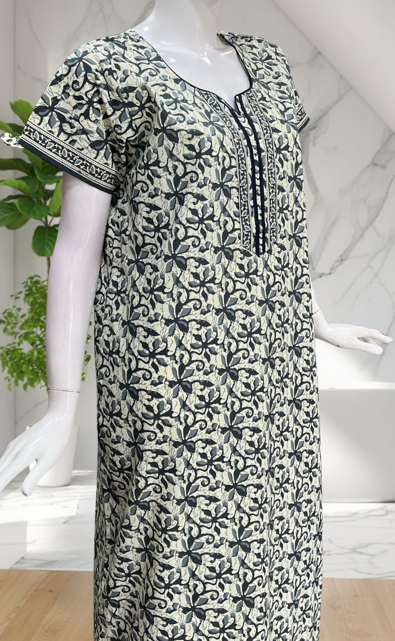 Grey Floral Pure Cotton Nighty. Pure Durable Cotton | Laces and Frills