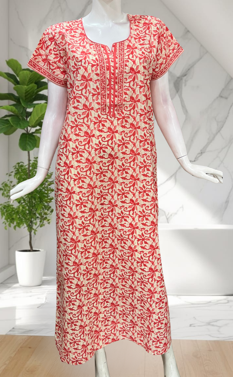 Peach Floral Pure Cotton Nighty. Pure Durable Cotton | Laces and Frills