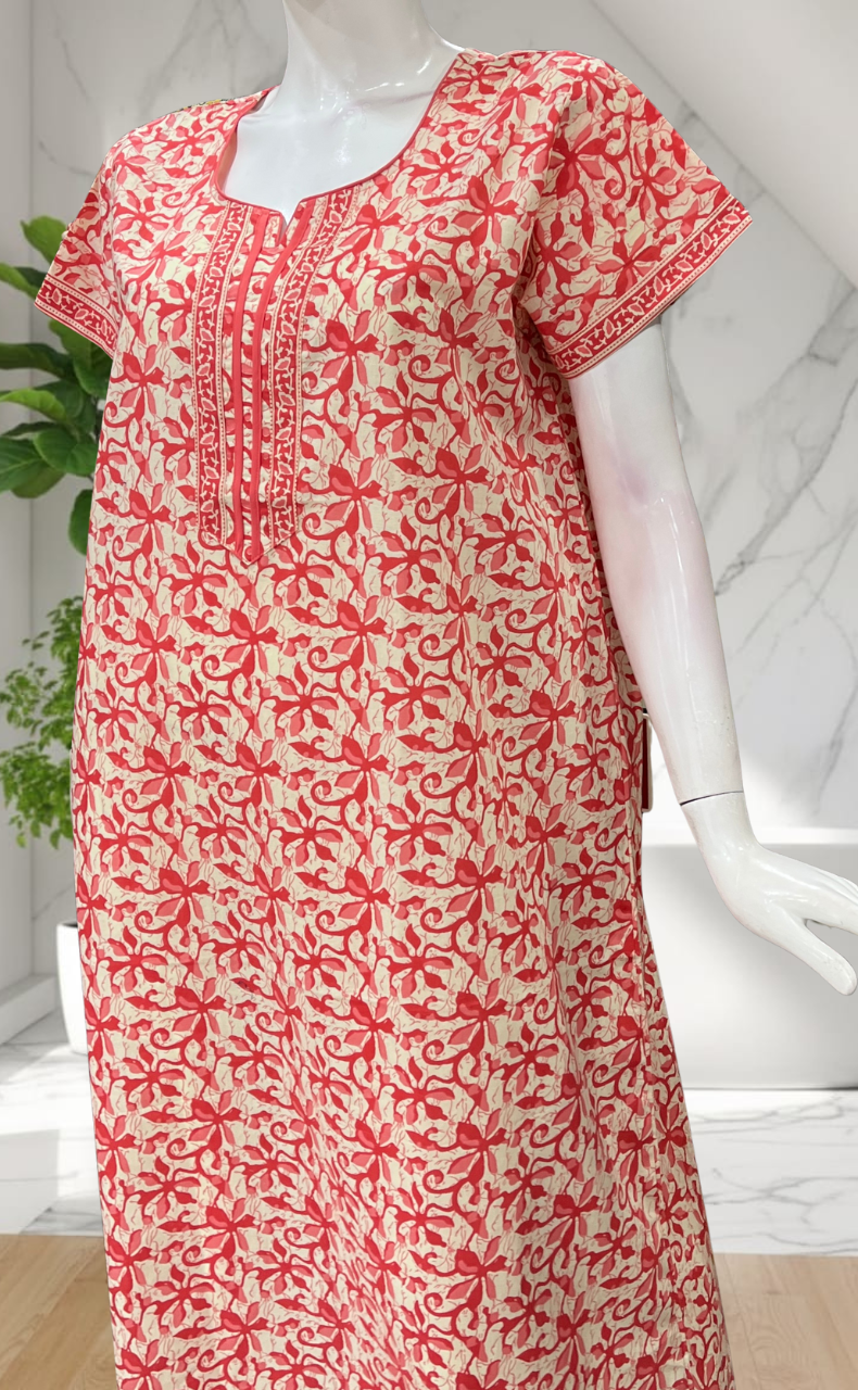 Peach Floral Pure Cotton Nighty. Pure Durable Cotton | Laces and Frills