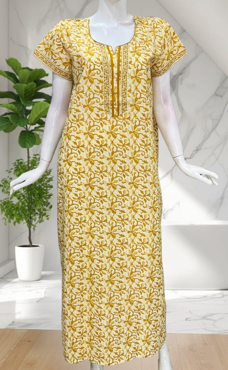 Yellow Floral Pure Cotton Nighty. Pure Durable Cotton | Laces and Frills
