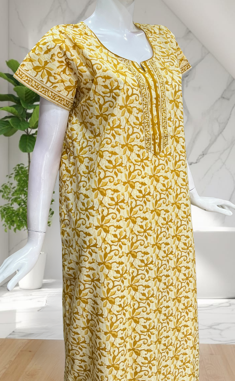 Yellow Floral Pure Cotton Nighty. Pure Durable Cotton | Laces and Frills