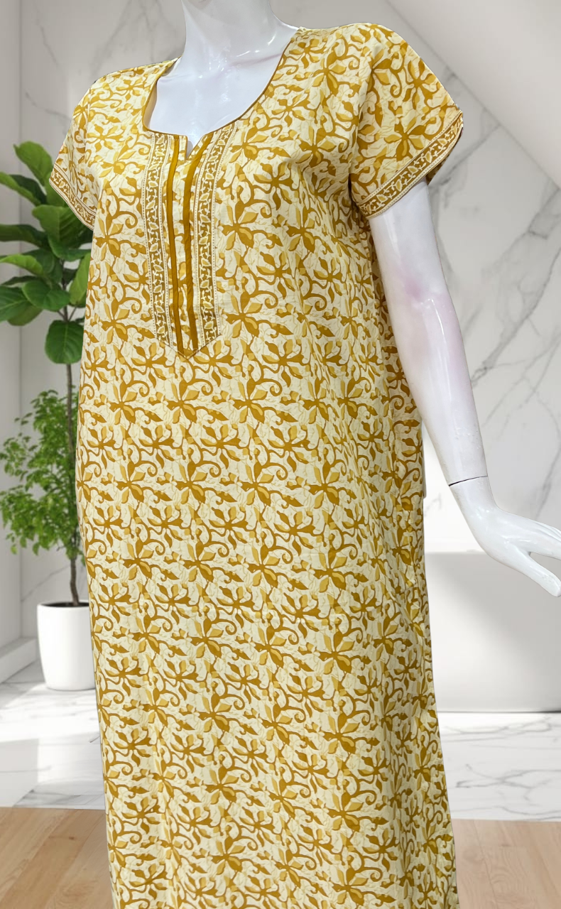 Yellow Floral Pure Cotton Nighty. Pure Durable Cotton | Laces and Frills