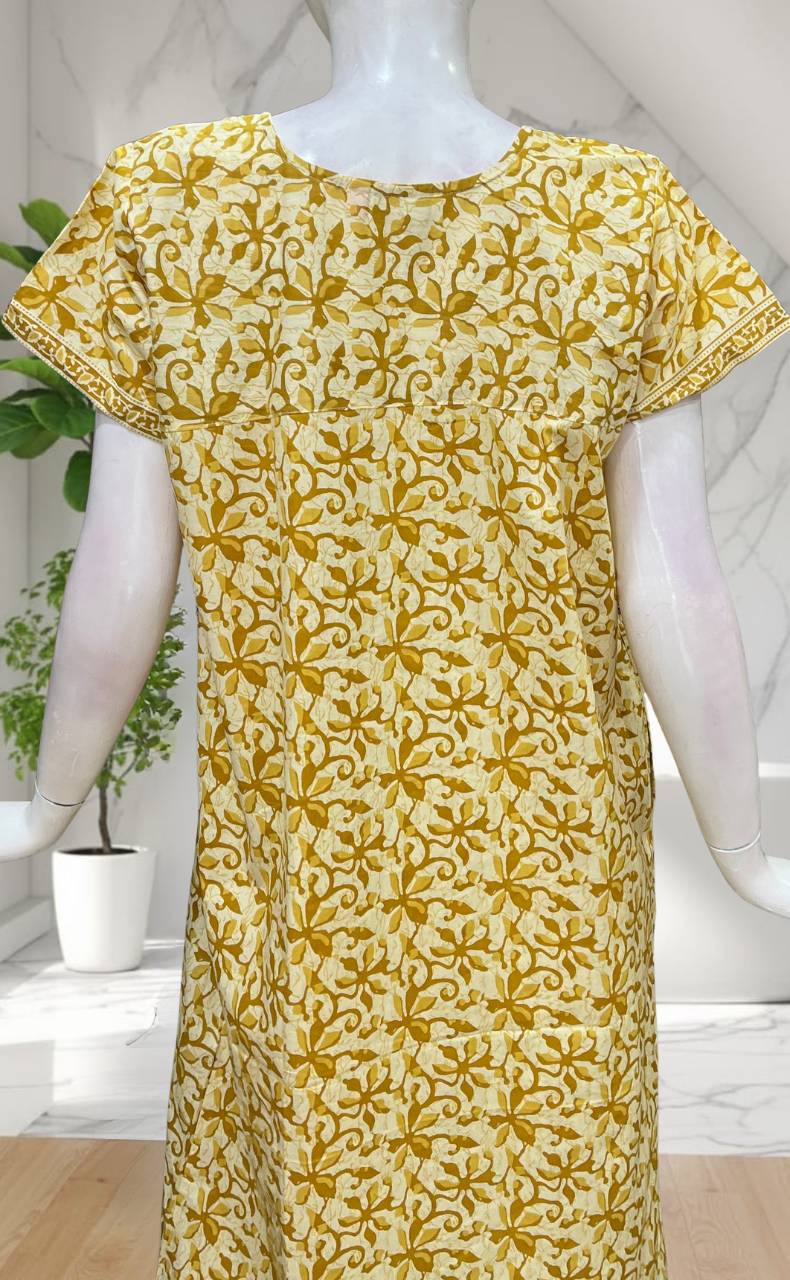 Yellow Floral Pure Cotton Nighty. Pure Durable Cotton | Laces and Frills