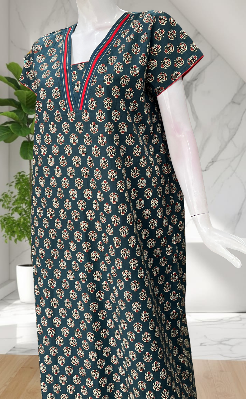 Teal Blue Flora Pure Cotton Nighty. Pure Durable Cotton | Laces and Frills