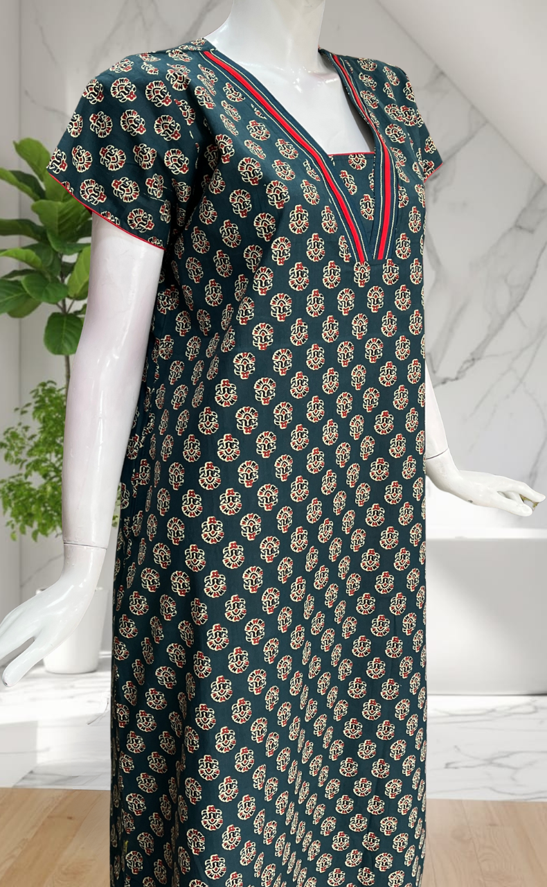 Teal Blue Flora Pure Cotton Nighty. Pure Durable Cotton | Laces and Frills