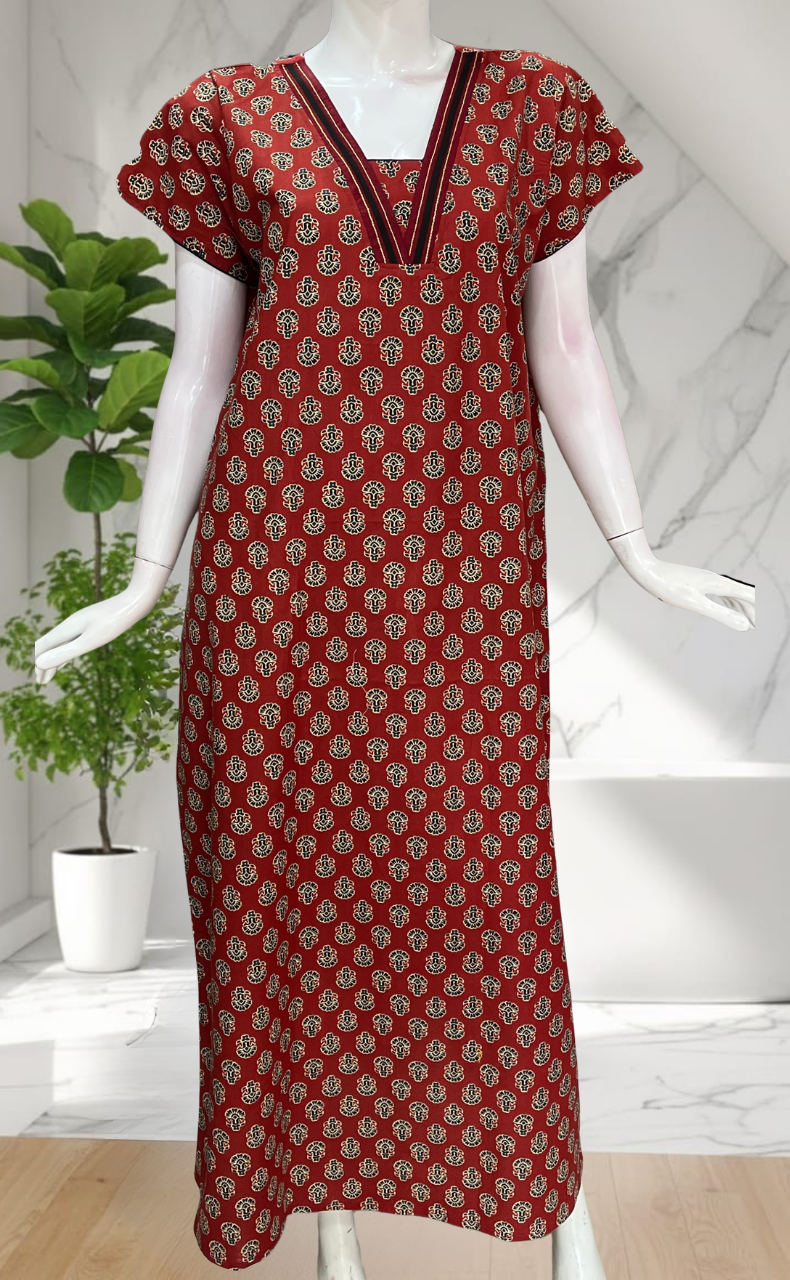 Maroon Flora Pure Cotton Nighty. Pure Durable Cotton | Laces and Frills