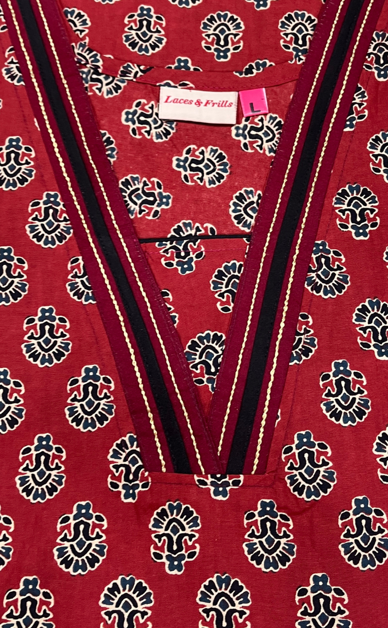 Maroon Flora Pure Cotton Nighty. Pure Durable Cotton | Laces and Frills