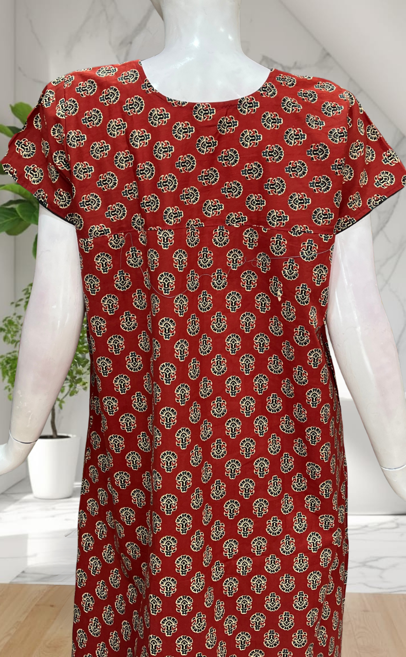 Maroon Flora Pure Cotton Nighty. Pure Durable Cotton | Laces and Frills