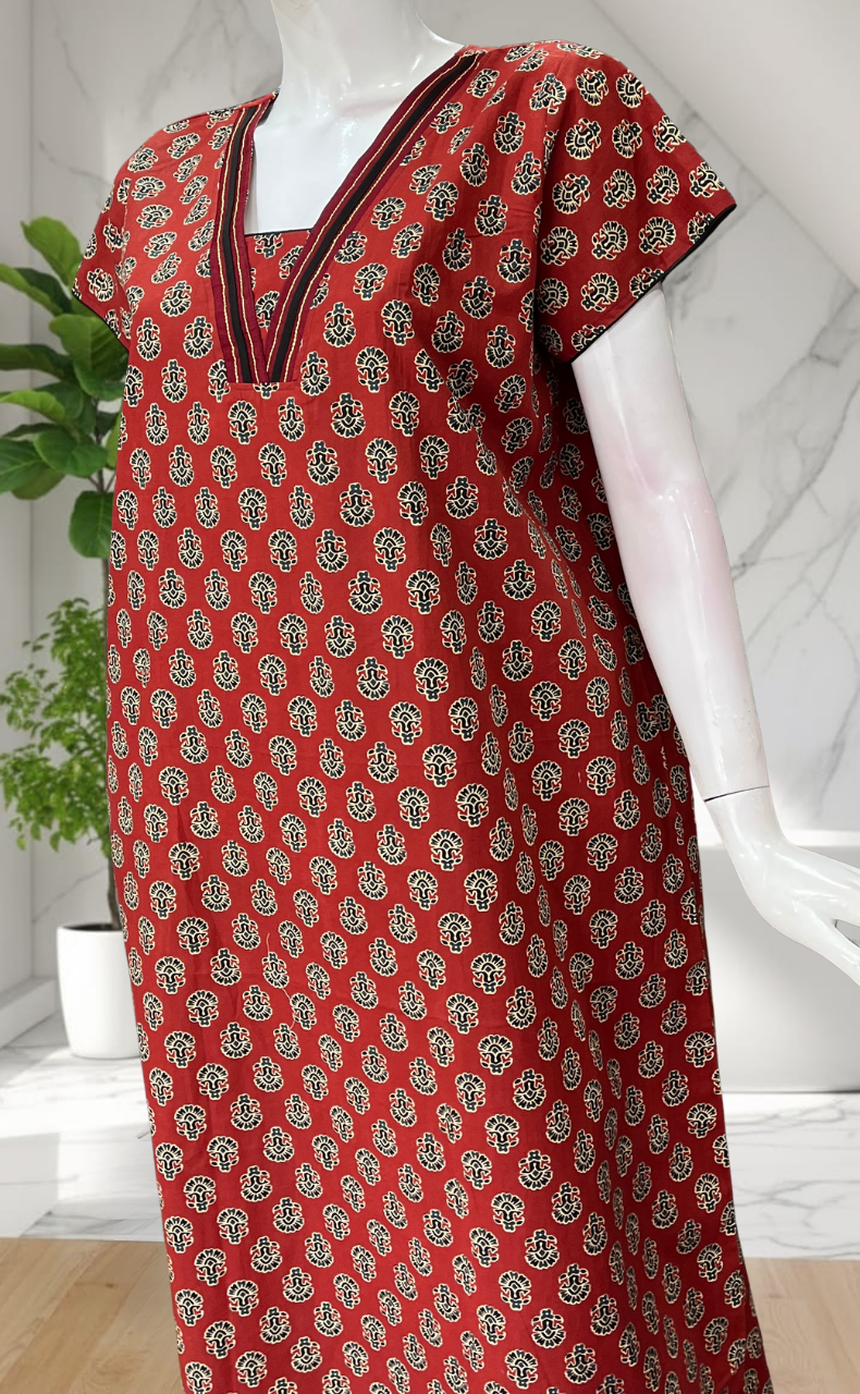 Maroon Flora Pure Cotton Nighty. Pure Durable Cotton | Laces and Frills