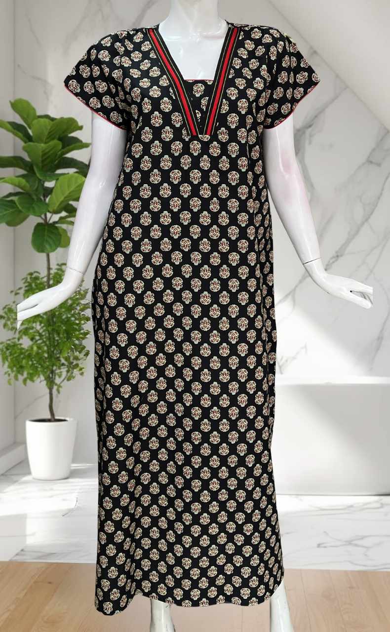 Black Flora Pure Cotton Nighty. Pure Durable Cotton | Laces and Frills