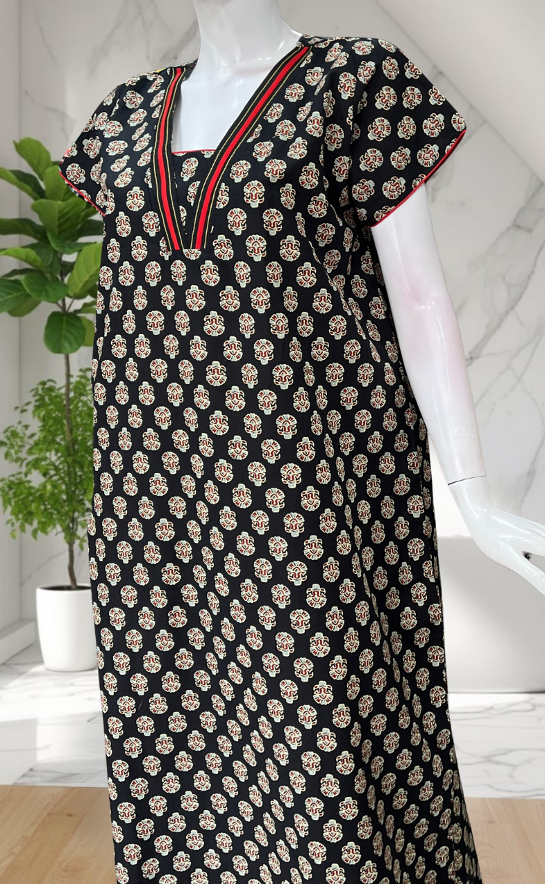 Black Flora Pure Cotton Nighty. Pure Durable Cotton | Laces and Frills