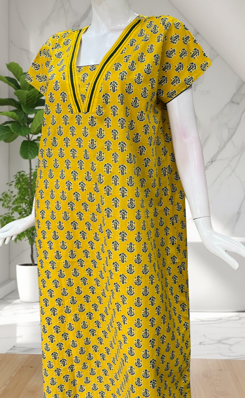 Yellow Flora Pure Cotton Nighty. Pure Durable Cotton | Laces and Frills