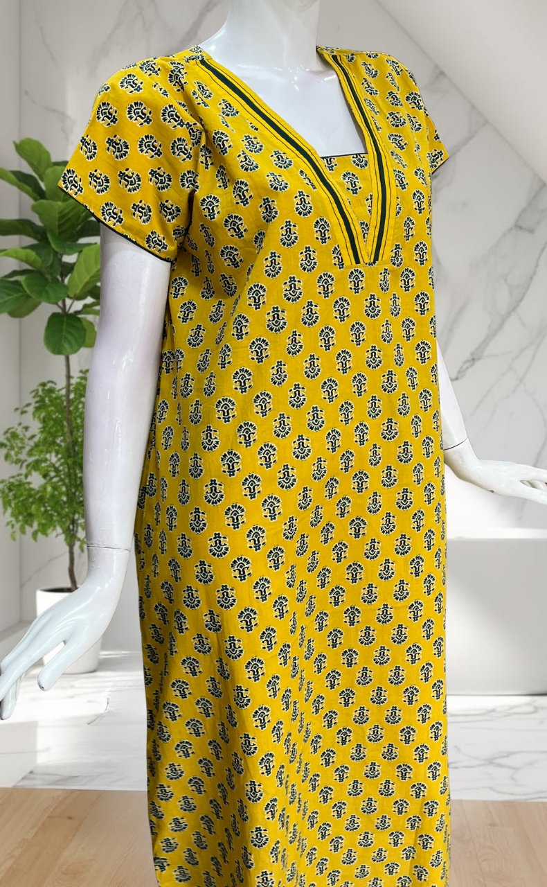 Yellow Flora Pure Cotton Nighty. Pure Durable Cotton | Laces and Frills