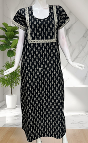 Black Floral Pure Cotton Nighty. Pure Durable Cotton | Laces and Frills