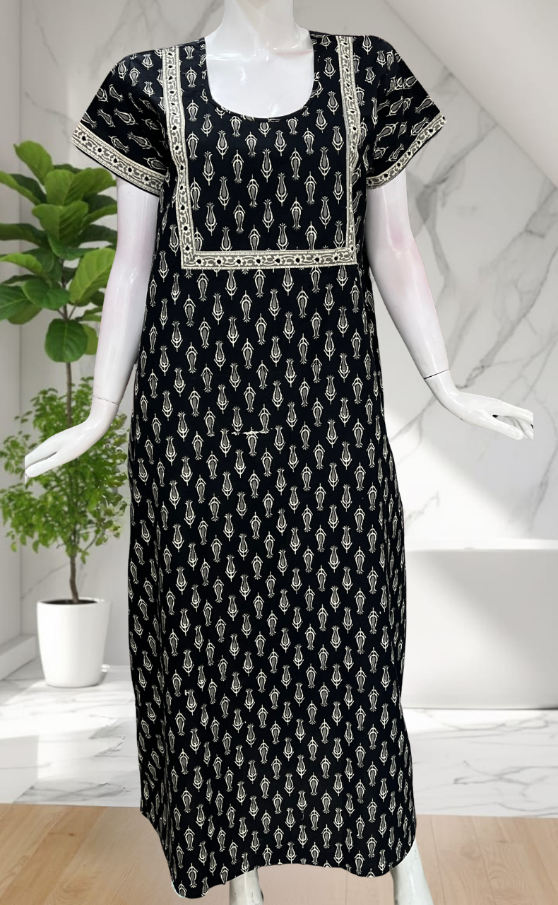 Black Floral Pure Cotton Nighty. Pure Durable Cotton | Laces and Frills