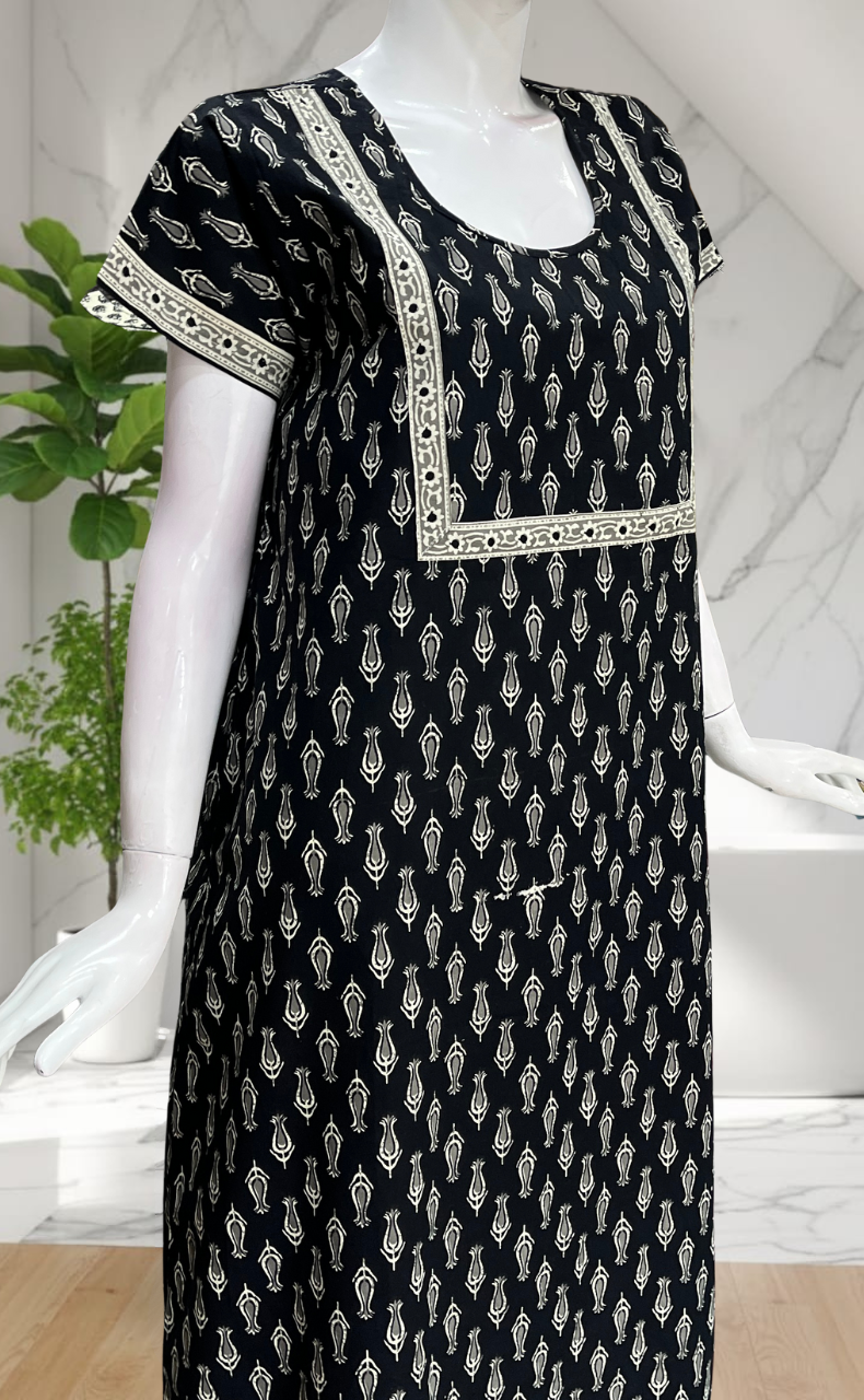Black Floral Pure Cotton Nighty. Pure Durable Cotton | Laces and Frills