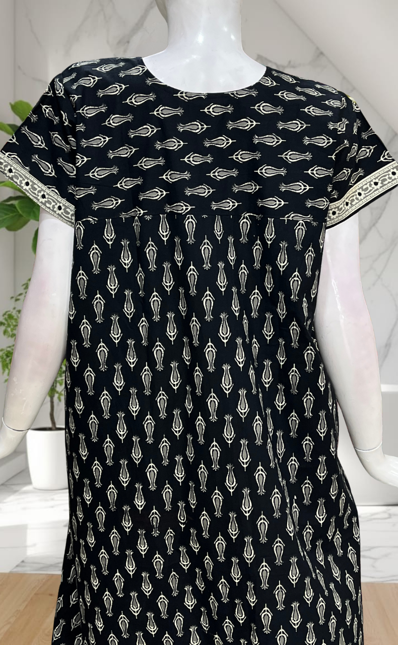 Black Floral Pure Cotton Nighty. Pure Durable Cotton | Laces and Frills