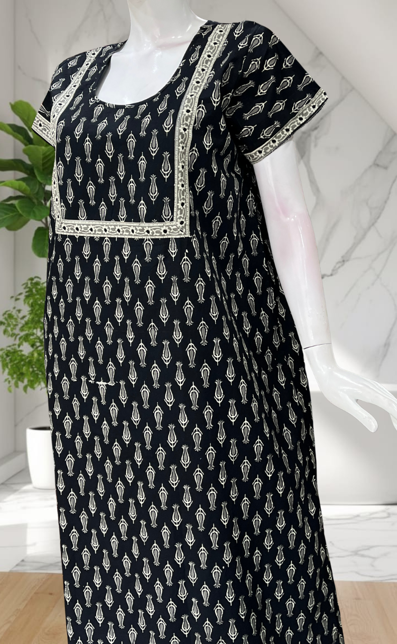 Black Floral Pure Cotton Nighty. Pure Durable Cotton | Laces and Frills