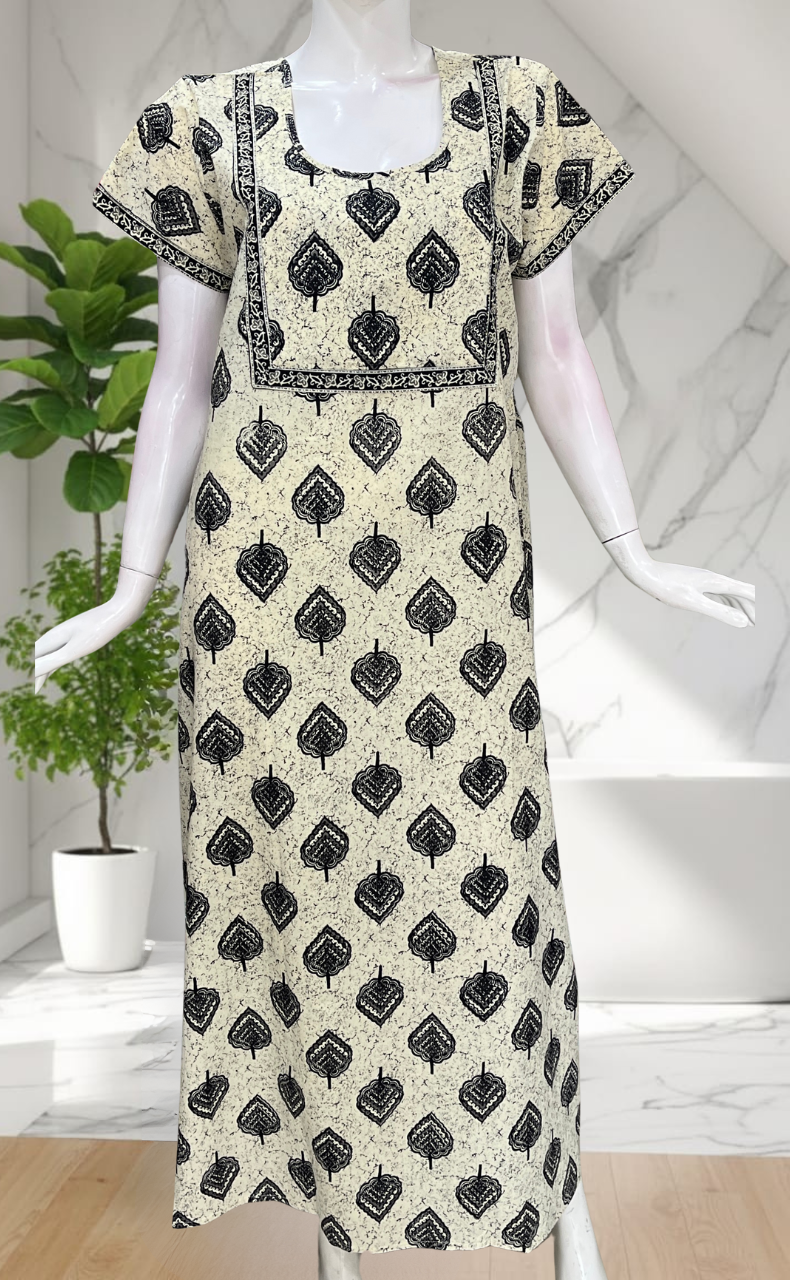 Off White Leafy Pure Cotton Nighty. Pure Durable Cotton | Laces and Frills